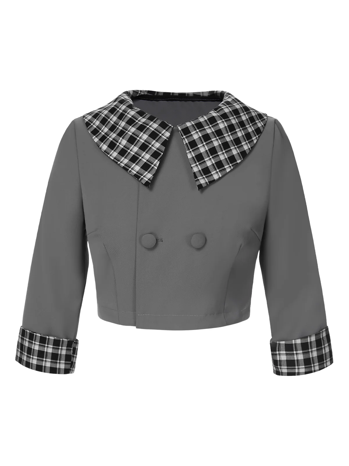 Dark Gray 1950s Lapel Rolled Sleeve Plaid Short Coat - Image 2
