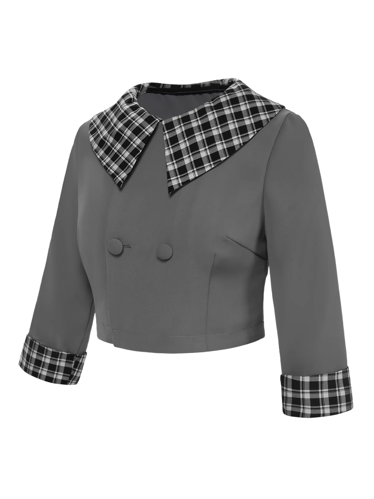 Dark Gray 1950s Lapel Rolled Sleeve Plaid Short Coat - Image 3