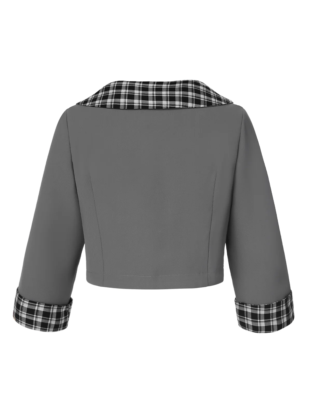 Dark Gray 1950s Lapel Rolled Sleeve Plaid Short Coat - Image 4