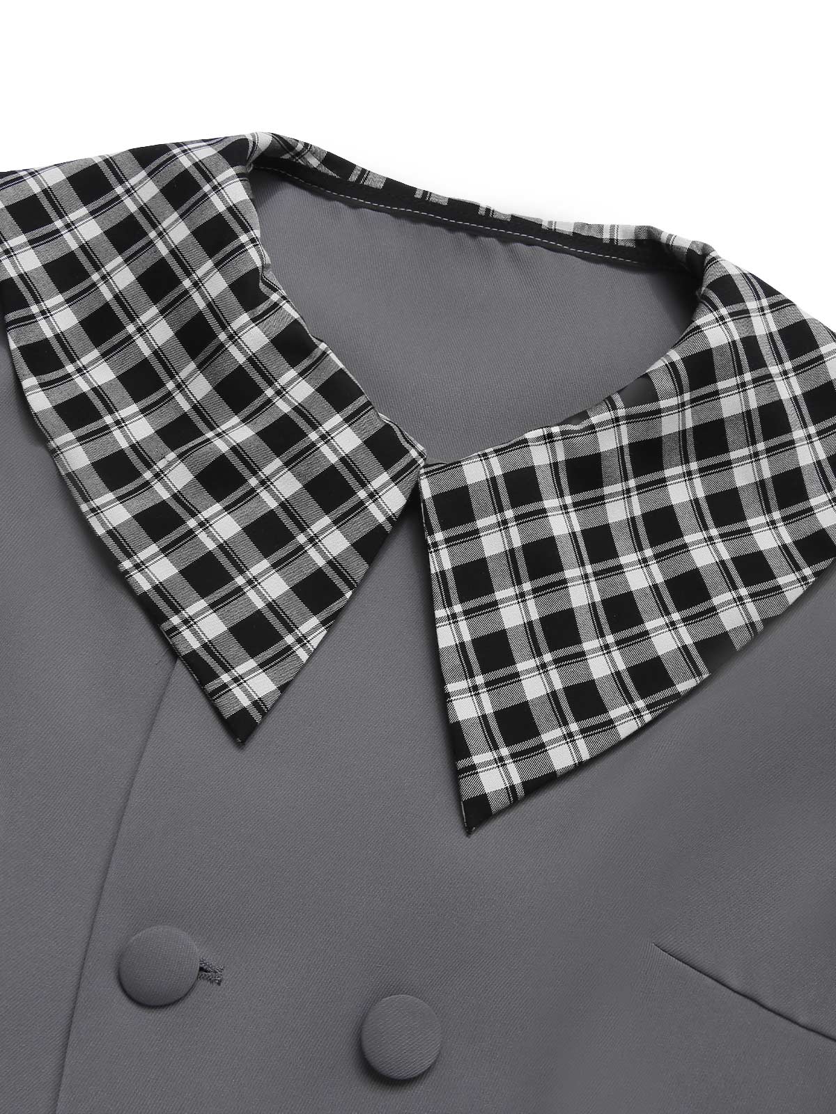 Dark Gray 1950s Lapel Rolled Sleeve Plaid Short Coat - Image 5