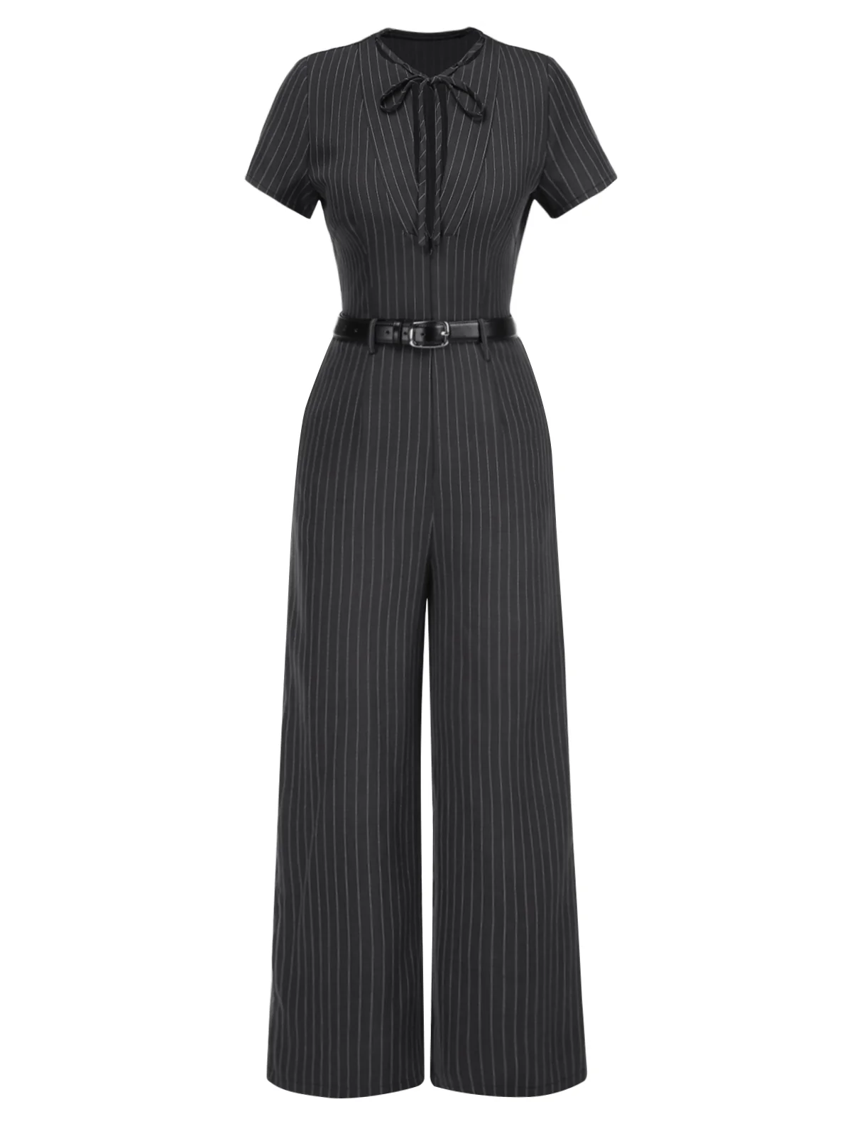Dark Gray 1950s Striped Office Style Belted Jumpsuit - Image 2