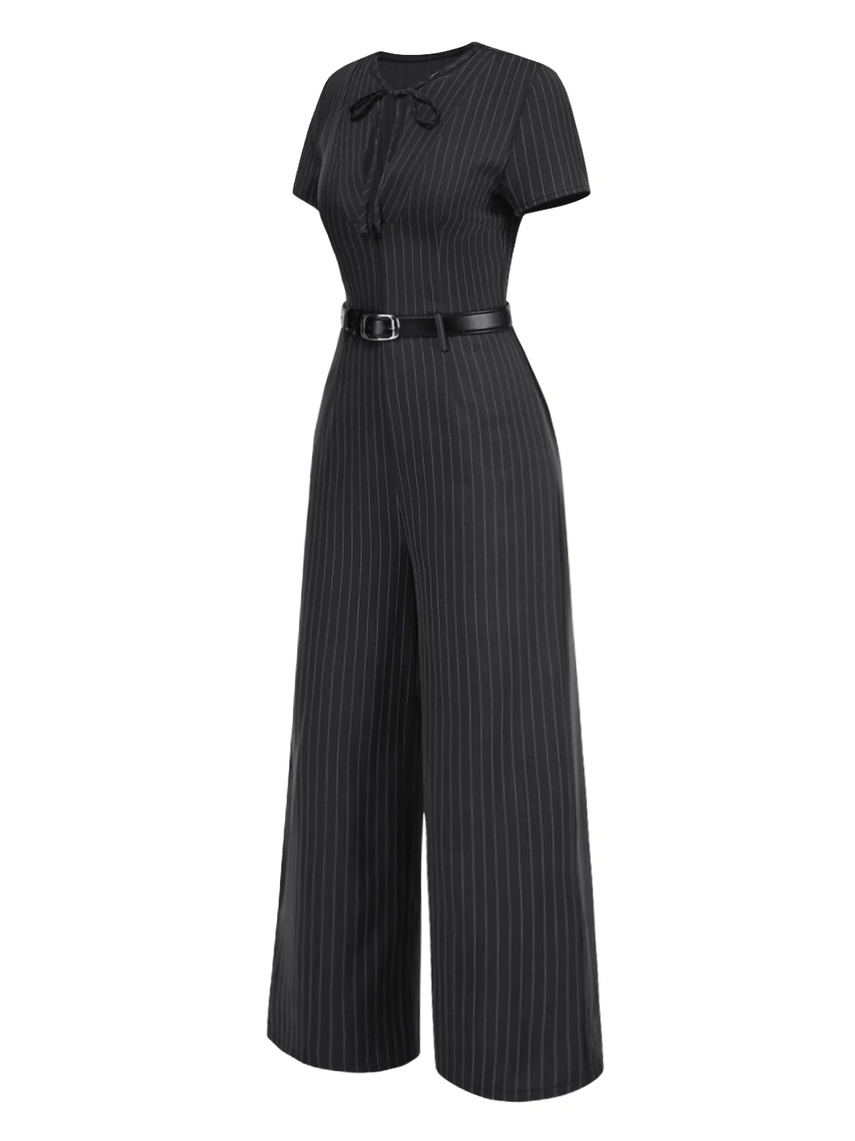 Dark Gray 1950s Striped Office Style Belted Jumpsuit - Image 3