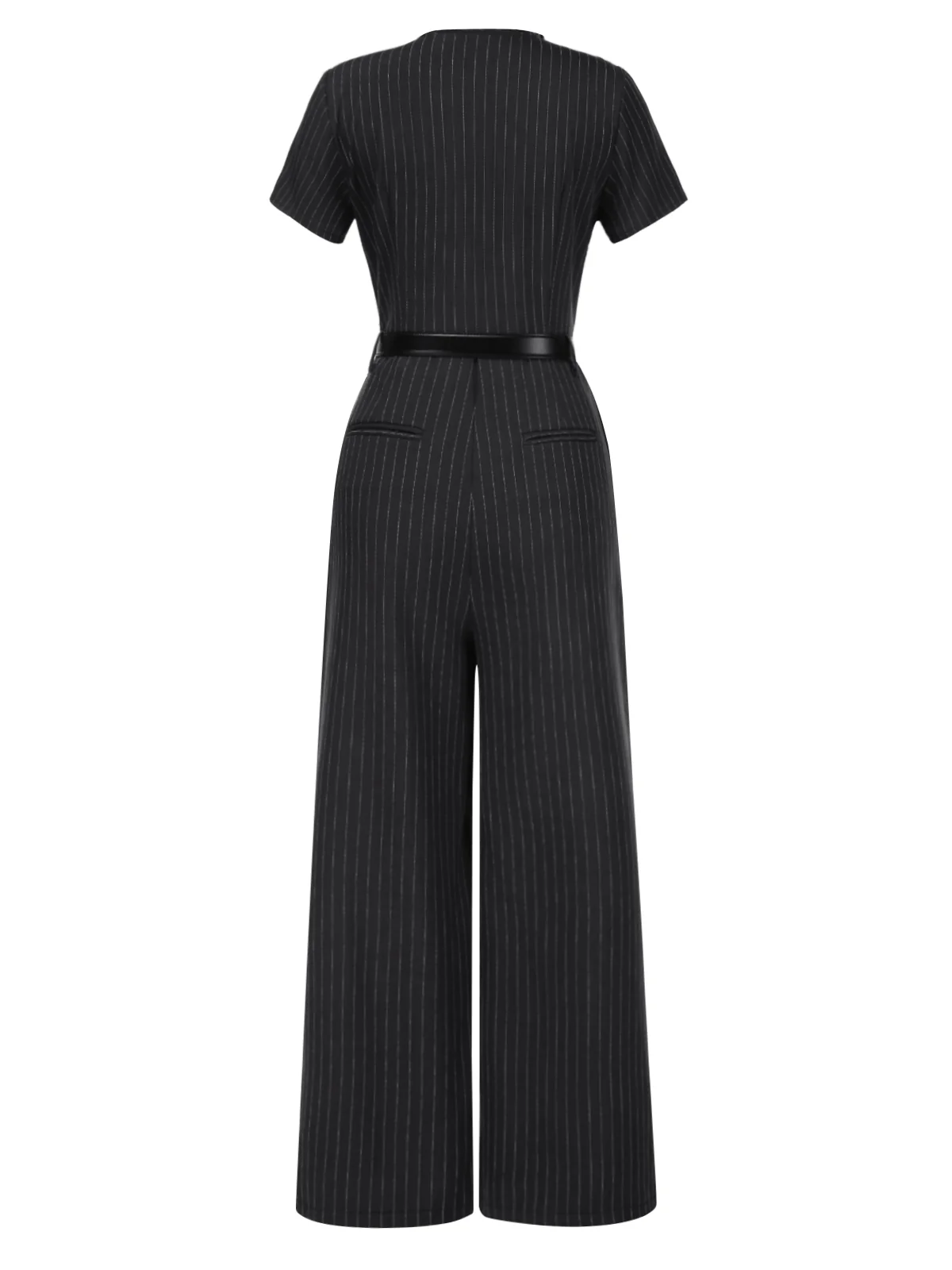 Dark Gray 1950s Striped Office Style Belted Jumpsuit - Image 4