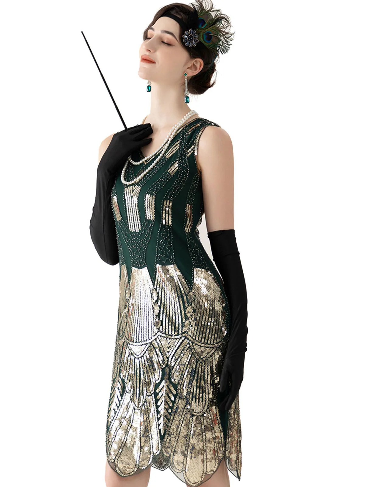 Dark Green 1920s V-Neck Sequined Flapper Dress - Image 2