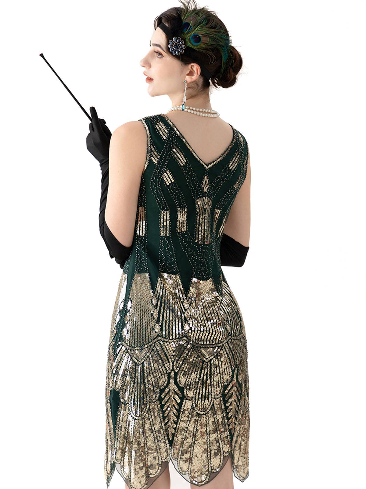 Dark Green 1920s V-Neck Sequined Flapper Dress - Image 3