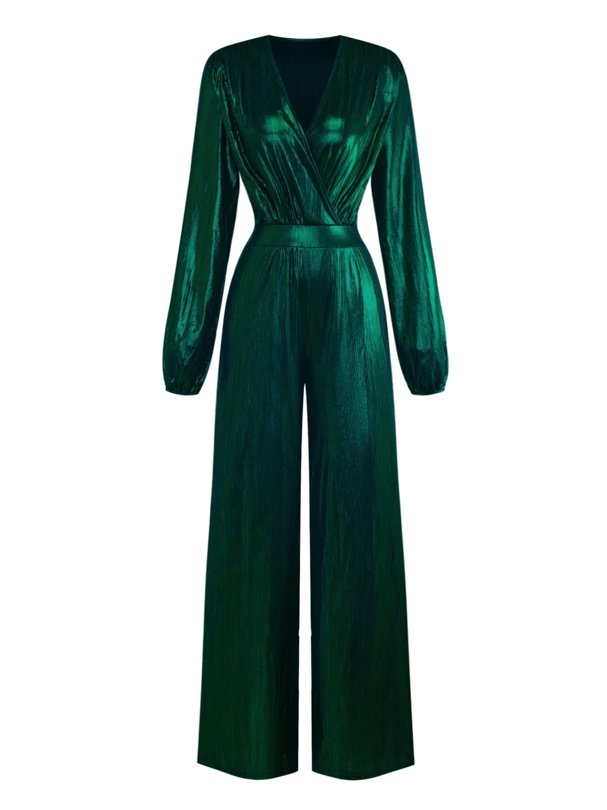 Dark Green 1930s Metallic V-Neck Lantern Sleeve Jumpsuit - Image 2