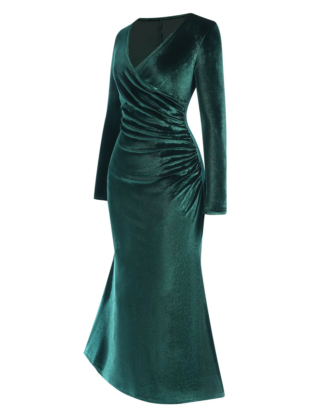 Dark Green 1930s Velvet Solid V-Neck Dress - Image 3