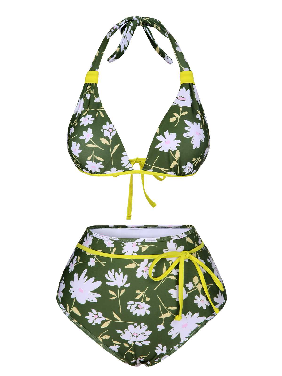 Dark Green 1940s Halter Bow Floral Swimsuit - Image 2