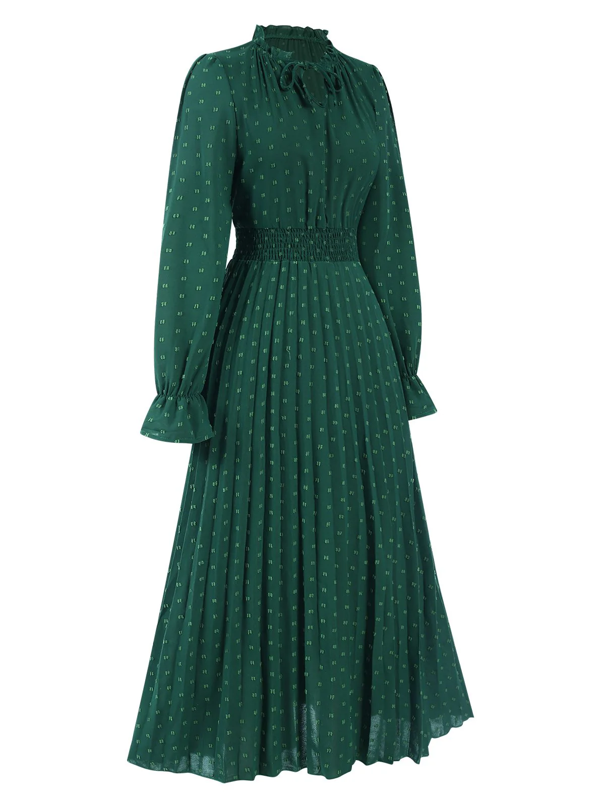 Dark Green 1940s Lantern Sleeve Ruffles Dress - Image 2