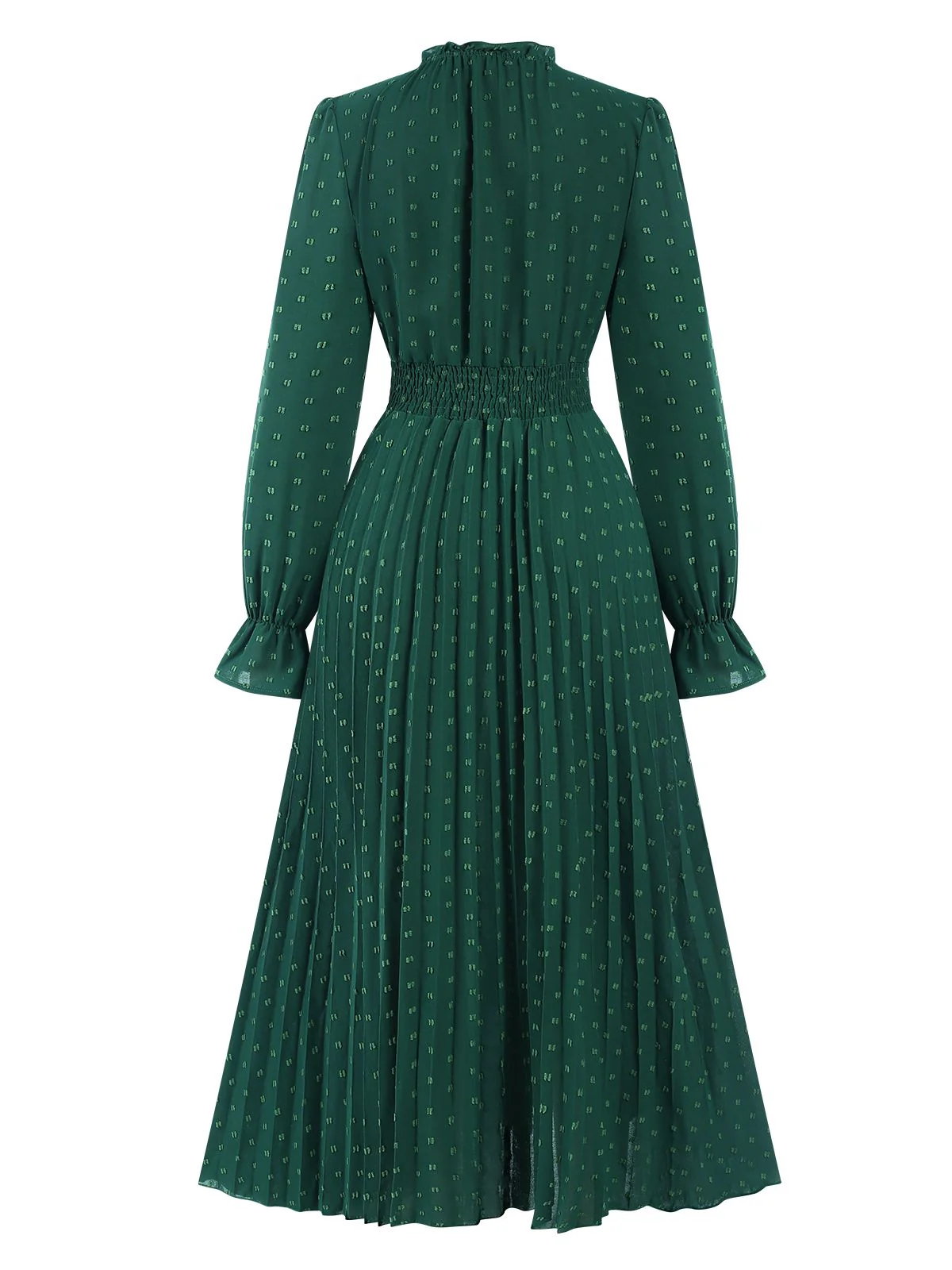 Dark Green 1940s Lantern Sleeve Ruffles Dress - Image 3
