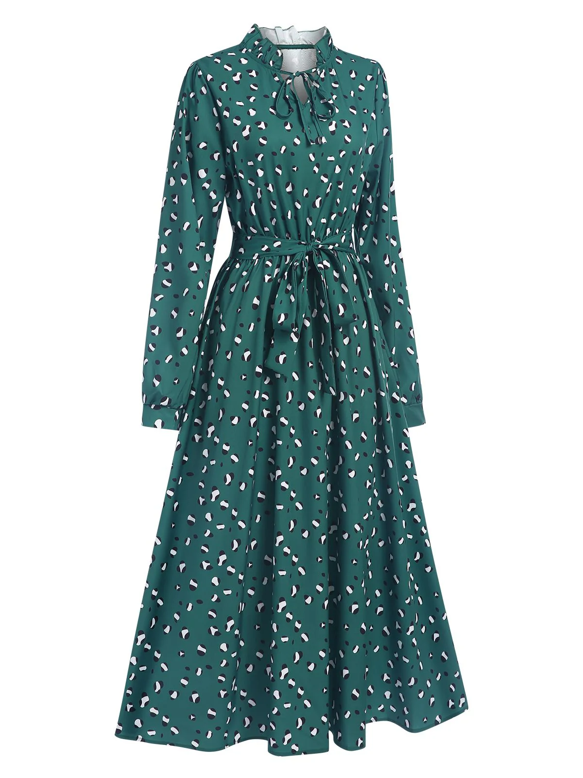 Dark Green 1940s Ruffled Neck Long Sleeve Belted Dress - Image 2