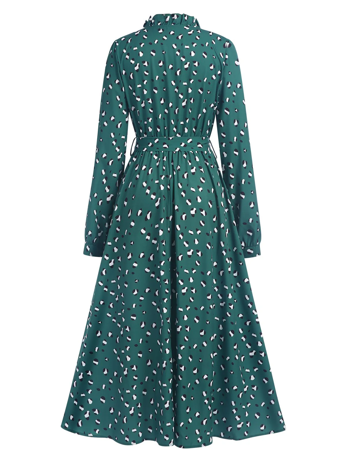 Dark Green 1940s Ruffled Neck Long Sleeve Belted Dress - Image 3