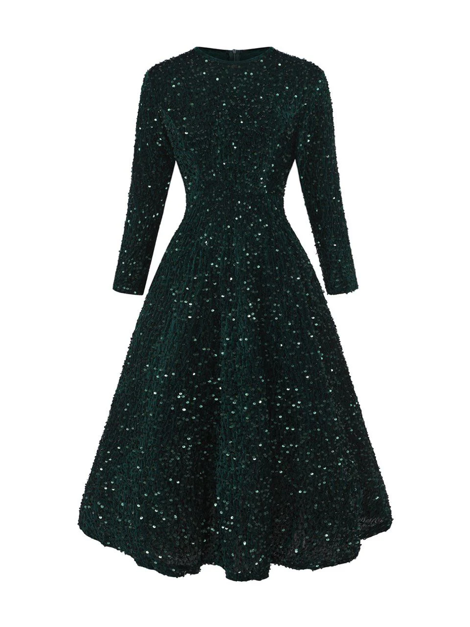 Dark Green 1940s Solid Sequins Long Sleeve Maxi Dress - Image 3