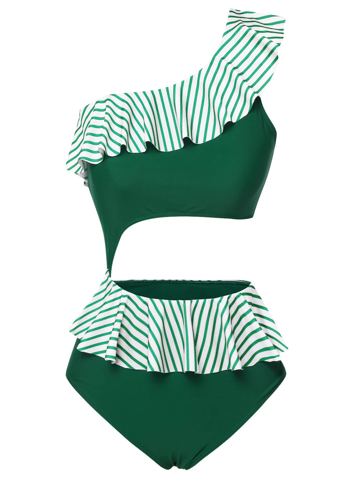 Dark Green 1940s Striped Ruffled Swimsuit - Image 2