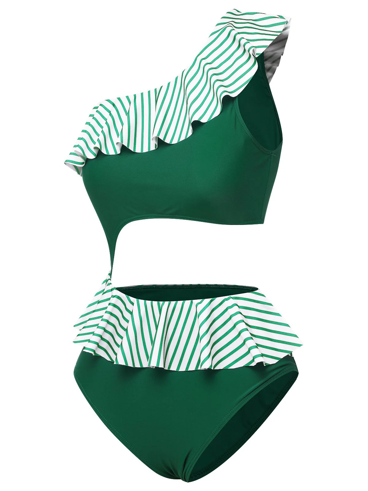 Dark Green 1940s Striped Ruffled Swimsuit - Image 3