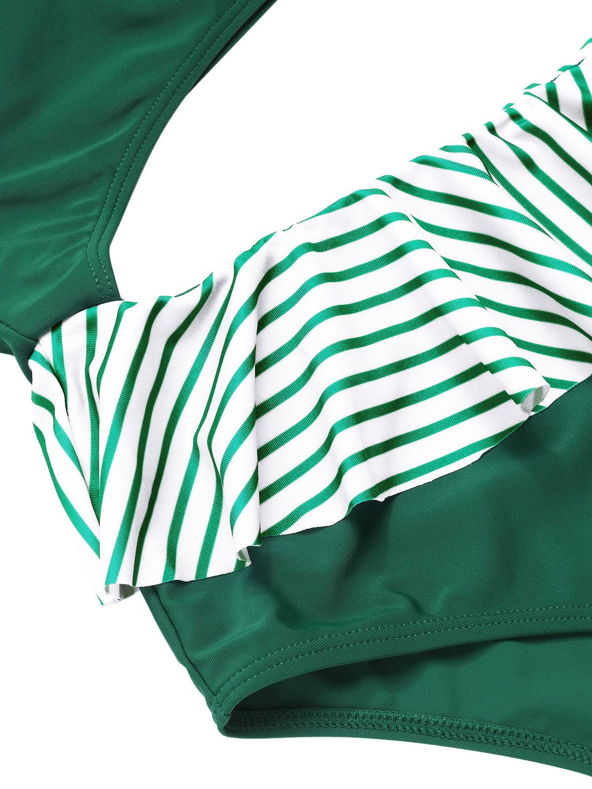 Dark Green 1940s Striped Ruffled Swimsuit - Image 6