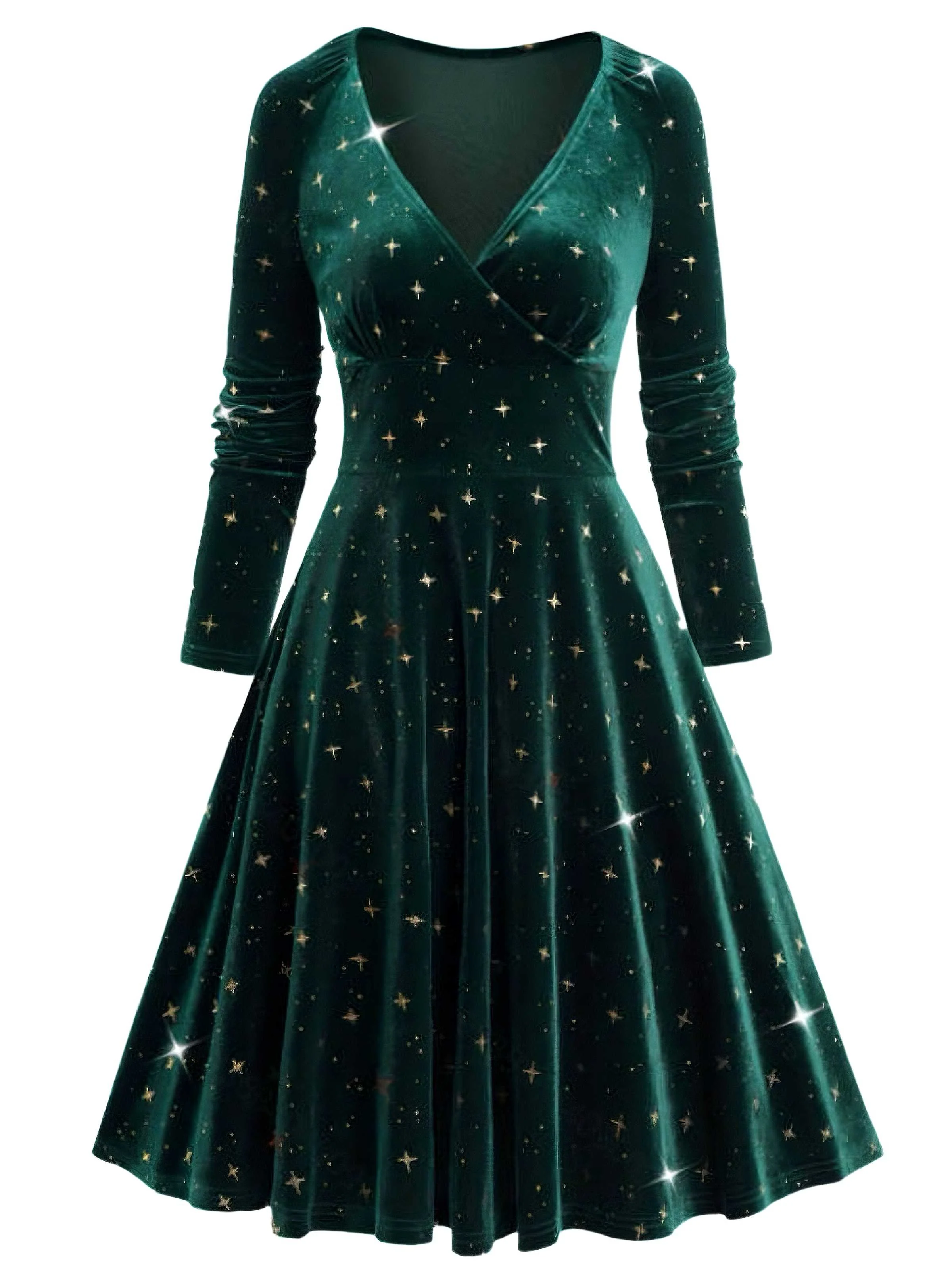 Dark Green 1940s V-Neck Star Velvet Dress - Image 2