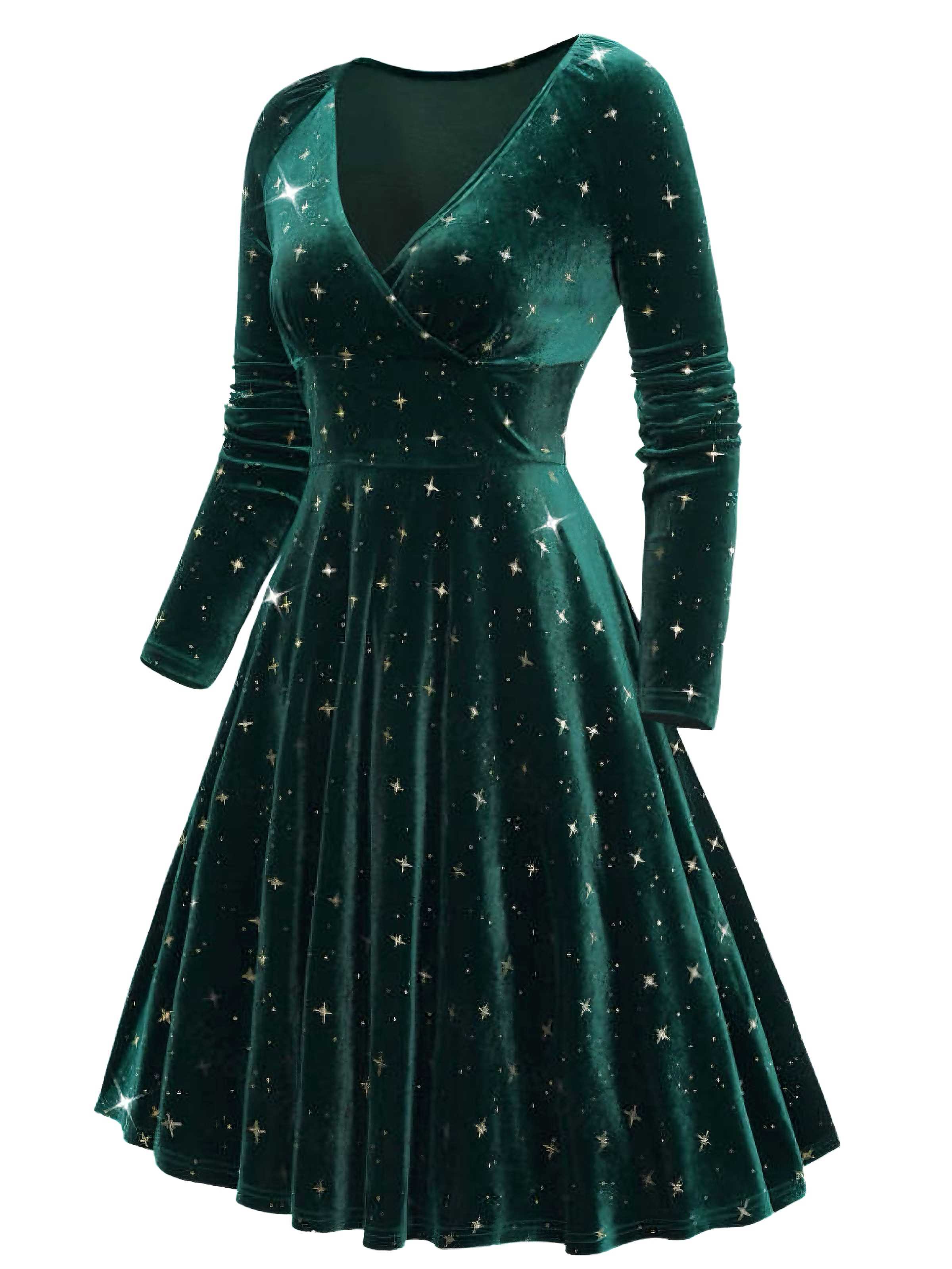 Dark Green 1940s V-Neck Star Velvet Dress - Image 3