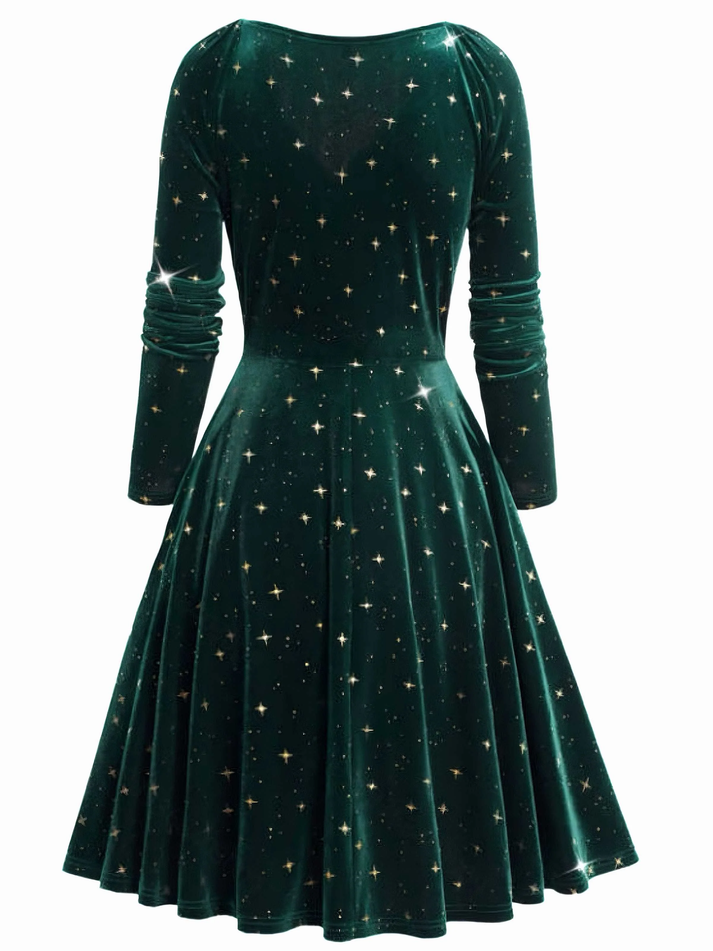 Dark Green 1940s V-Neck Star Velvet Dress - Image 4