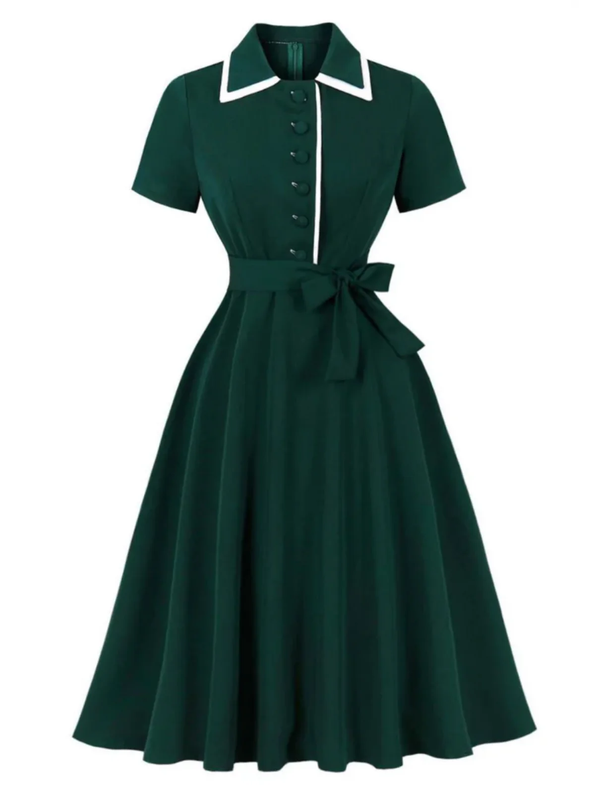 Dark Green 1950s Contrasted Lapel Swing Dress - Image 2