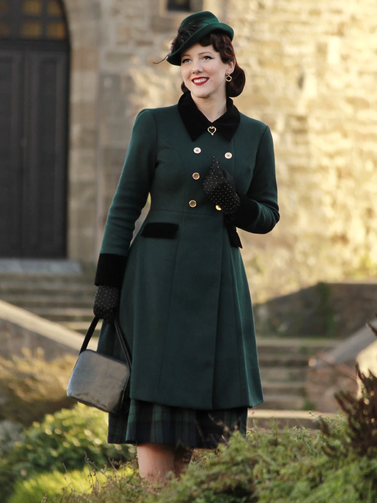 Dark Green 1940s Solid Button Coat - Image 2