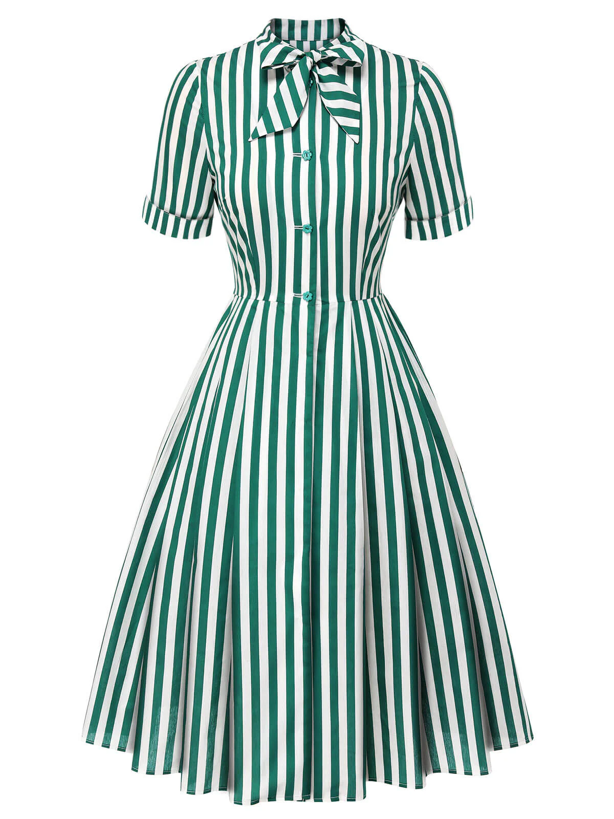 Dark Green 1950s Tie Neck Striped Dress - Image 2