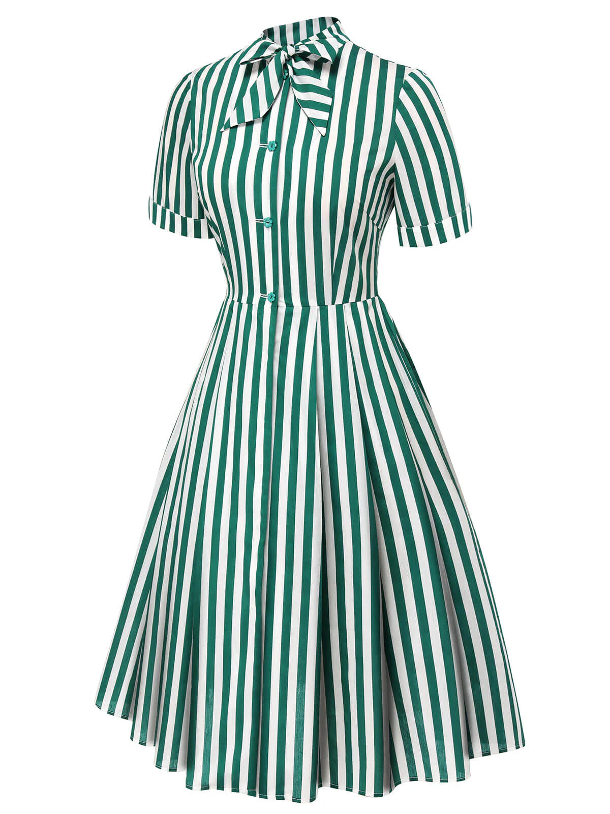 Dark Green 1950s Tie Neck Striped Dress - Image 3
