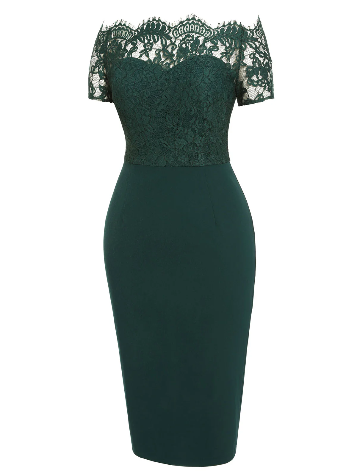 Dark Green 1960s Lace Off-shoulder Dress - Image 4