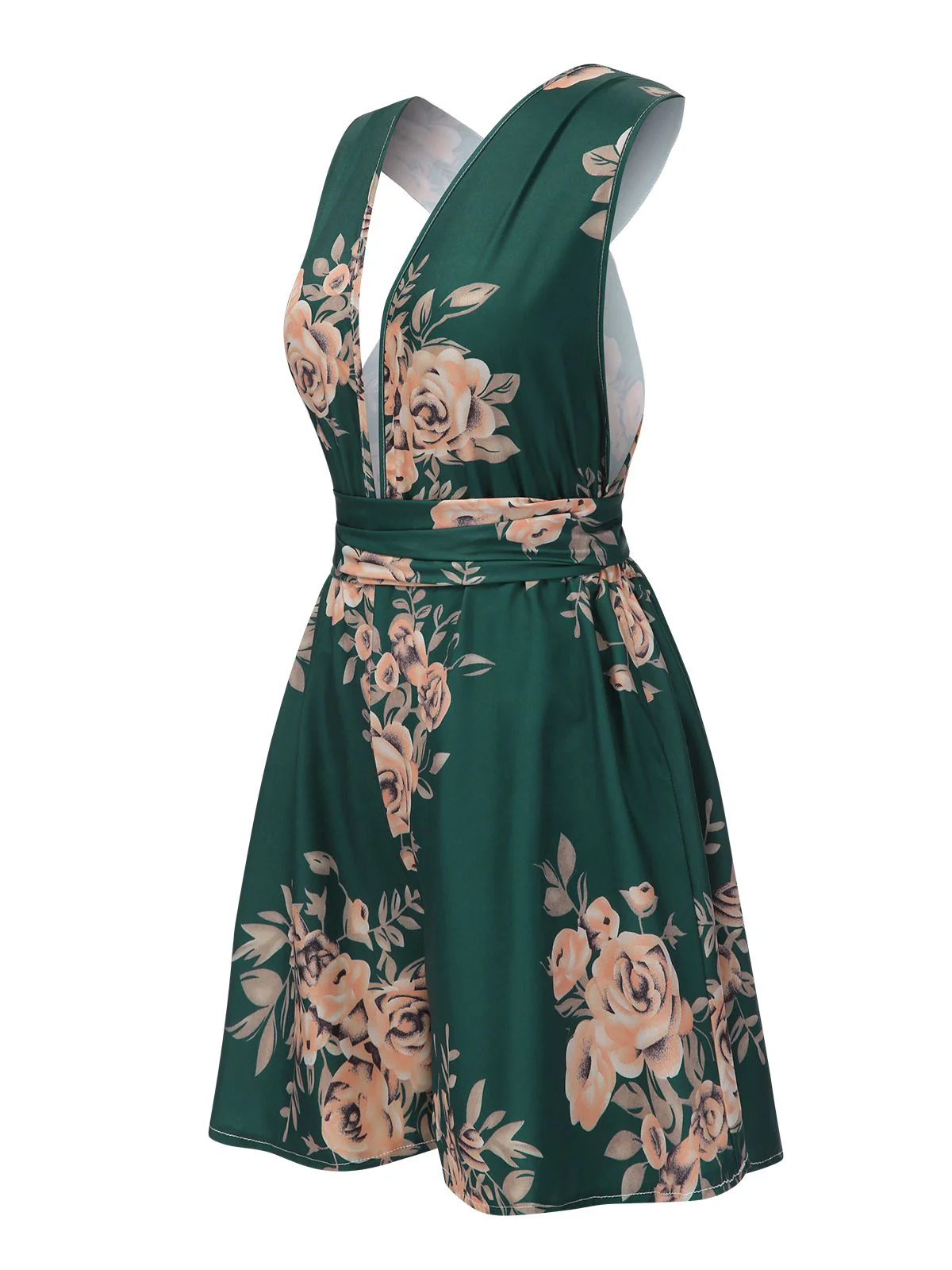 Dark Green 1970s Floral Deep V-Neck Romper - Image 2