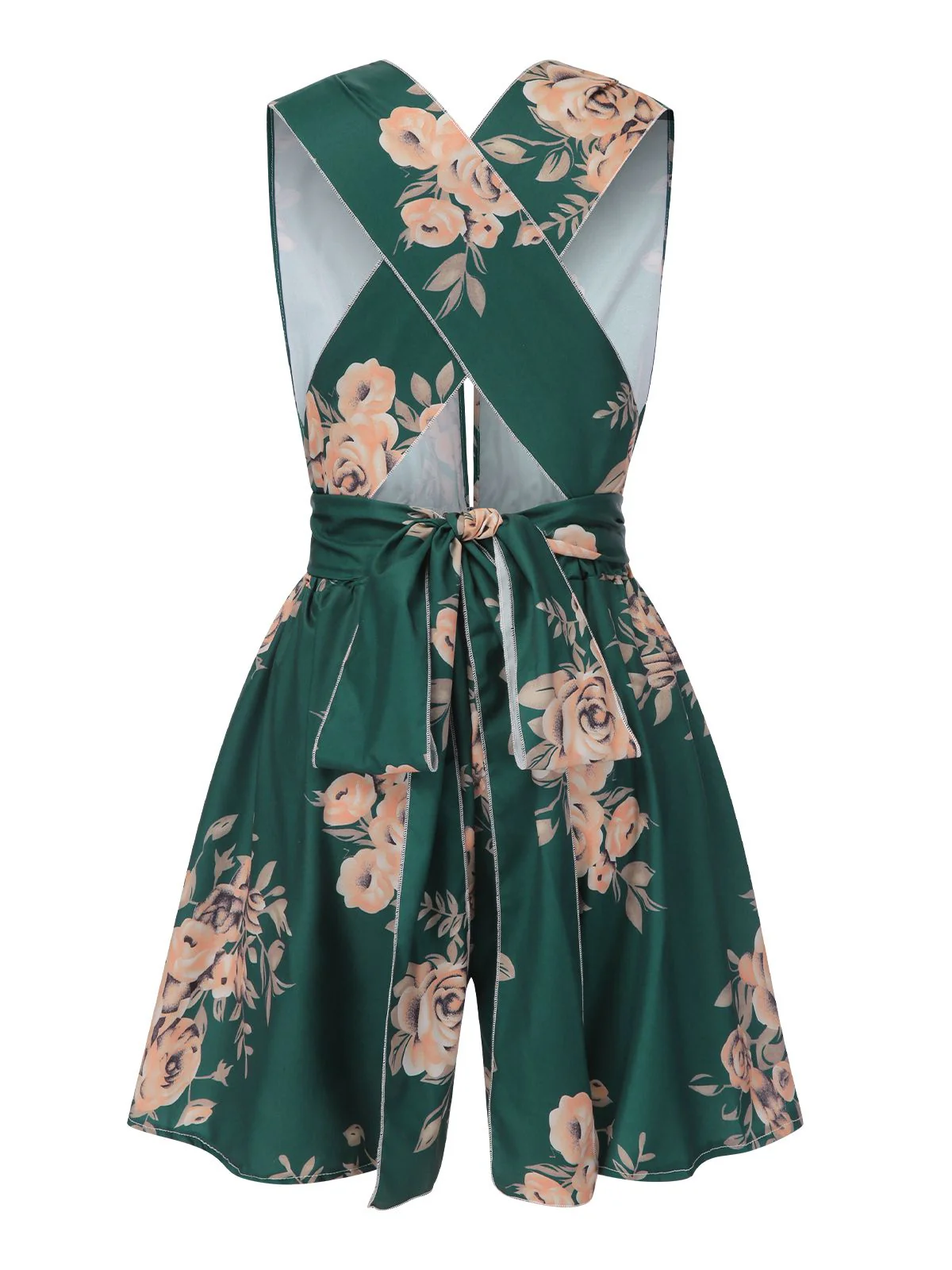 Dark Green 1970s Floral Deep V-Neck Romper - Image 3