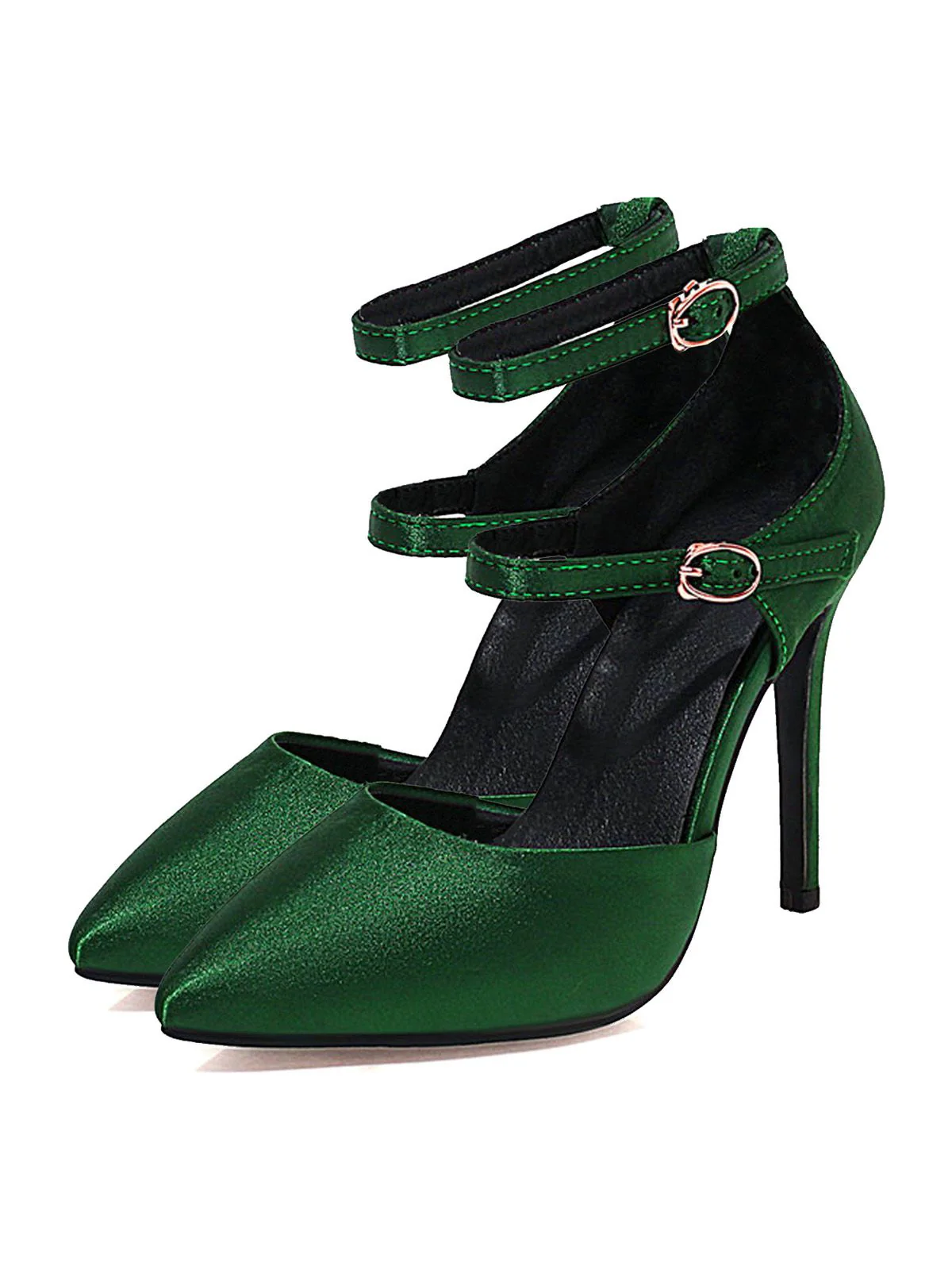 Dark Green Satin Double Buckle Belts High Heel Shoes - Image 3