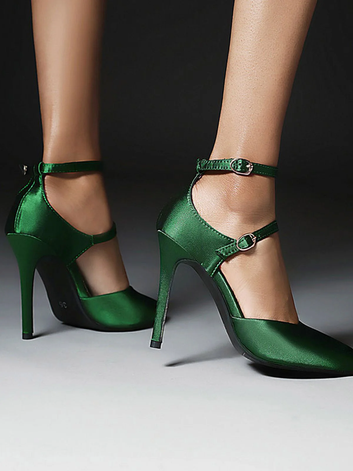 Dark Green Satin Double Buckle Belts High Heel Shoes - Image 4