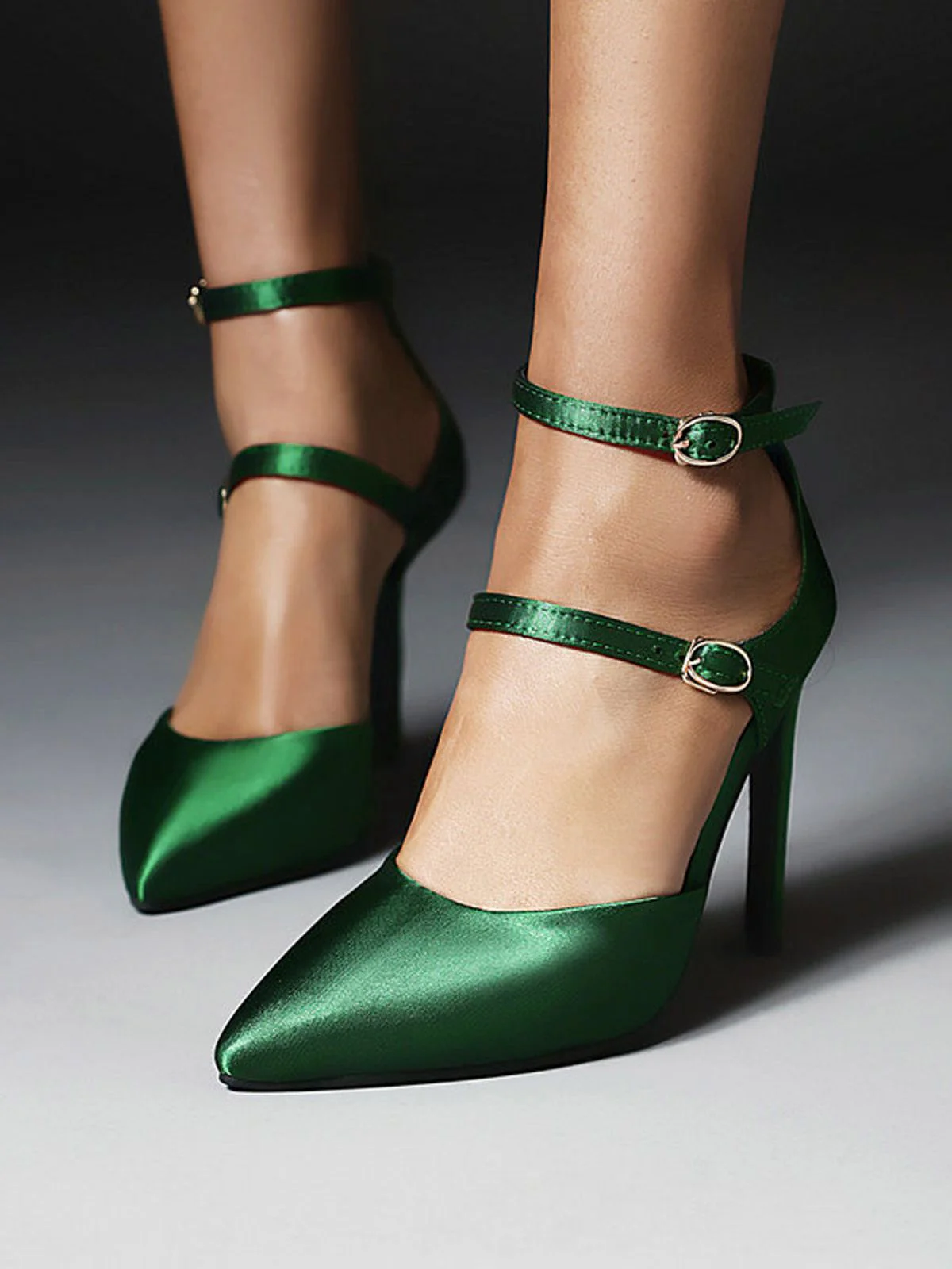 Dark Green Satin Double Buckle Belts High Heel Shoes - Image 5