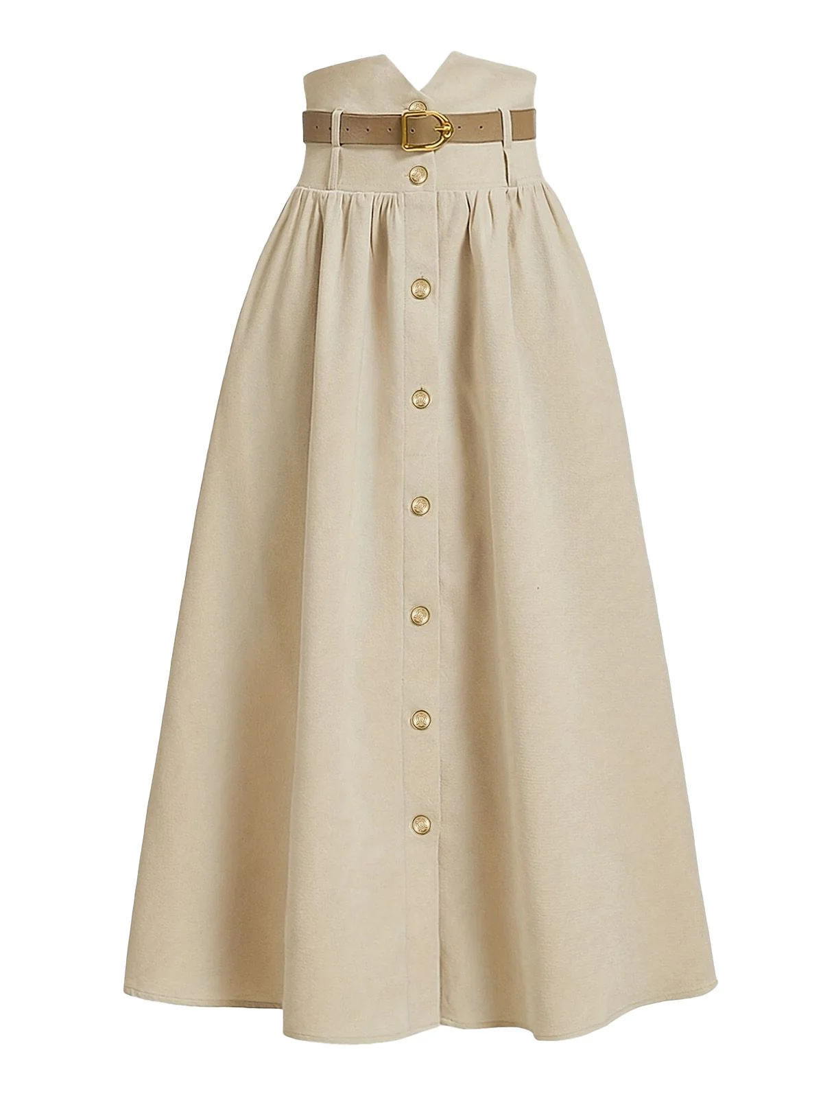 Dark Khaki 1940s Solid Button Belt Pleated Skirt - Image 2
