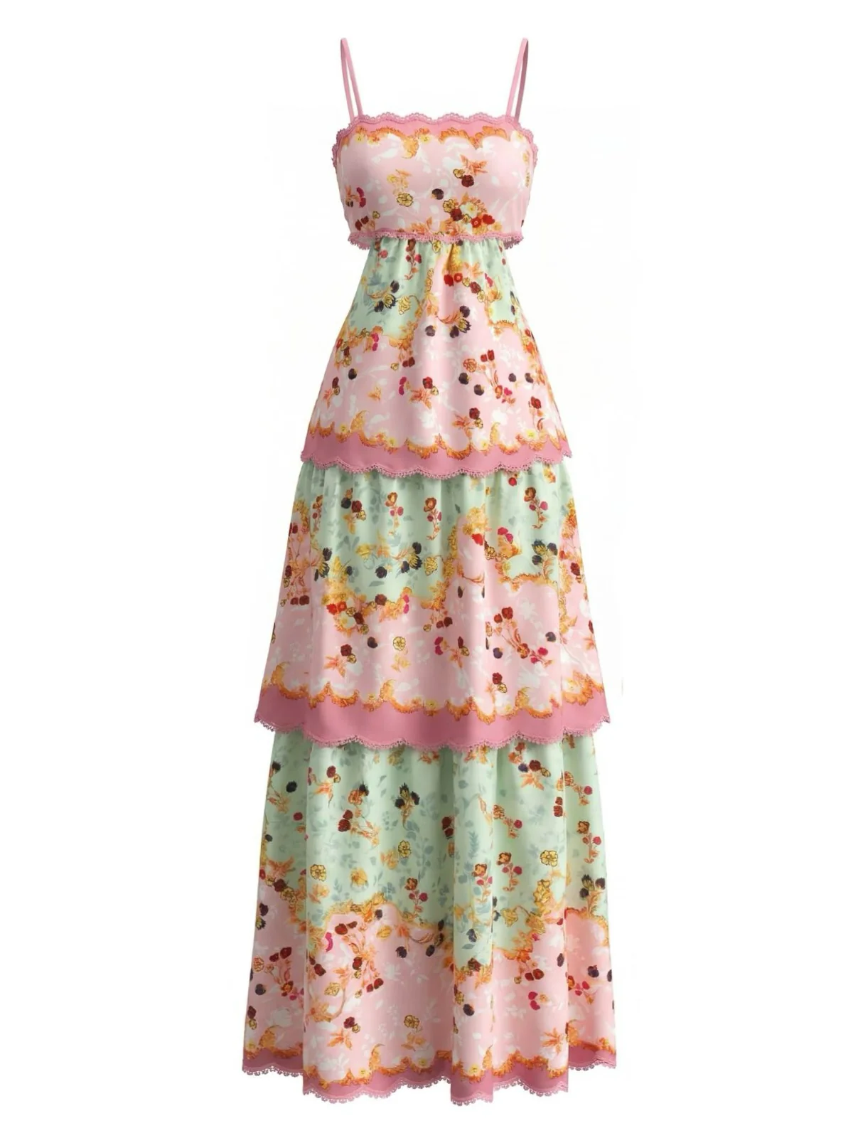 Dark Pink 1930s Floral Tiered Maxi Dress - Image 2