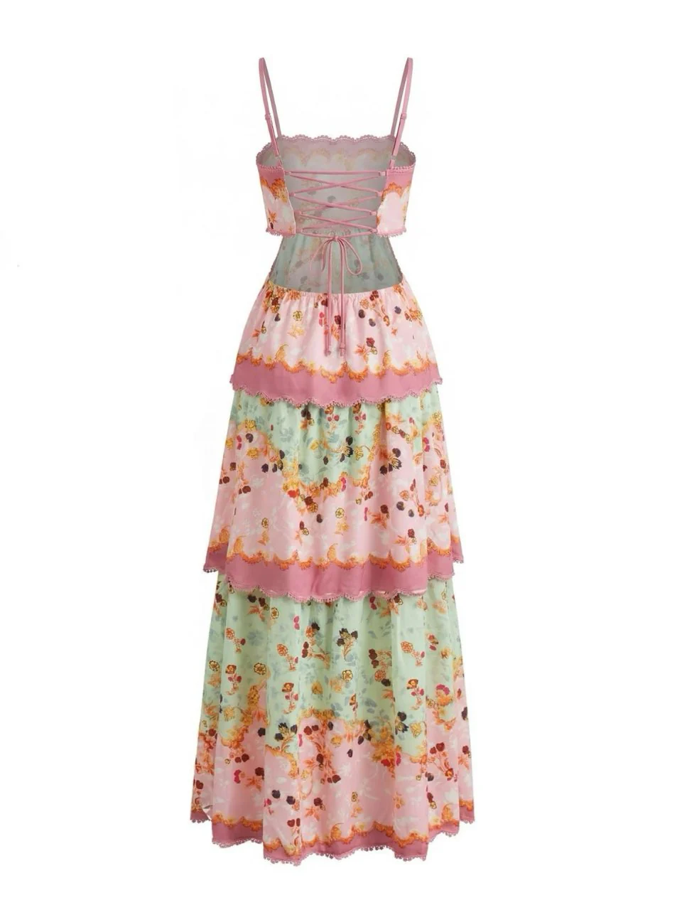 Dark Pink 1930s Floral Tiered Maxi Dress - Image 3