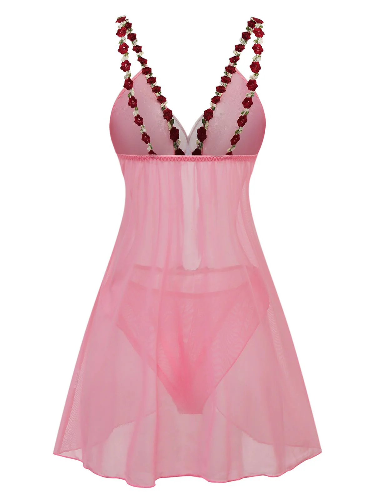 Dark Pink 1950s Deep V-Neck Embroidered Flower Pajama Set - Image 2