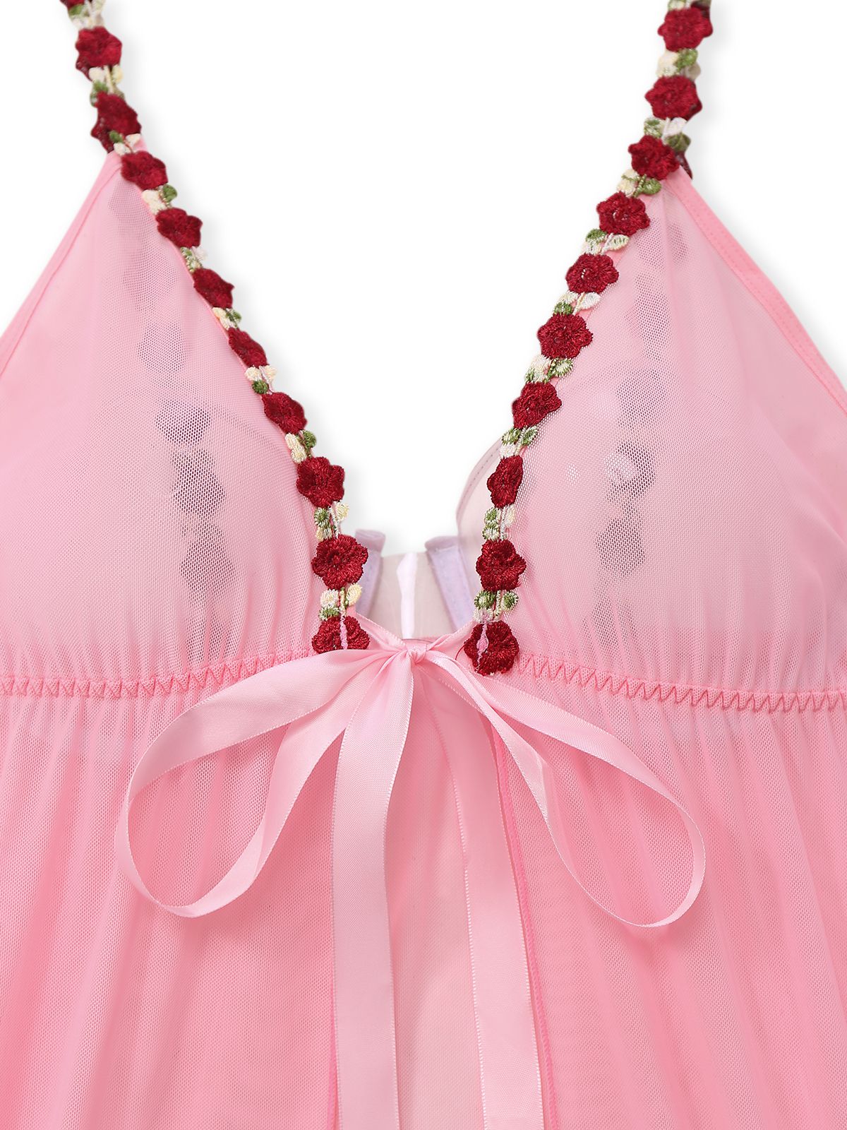 Dark Pink 1950s Deep V-Neck Embroidered Flower Pajama Set - Image 3