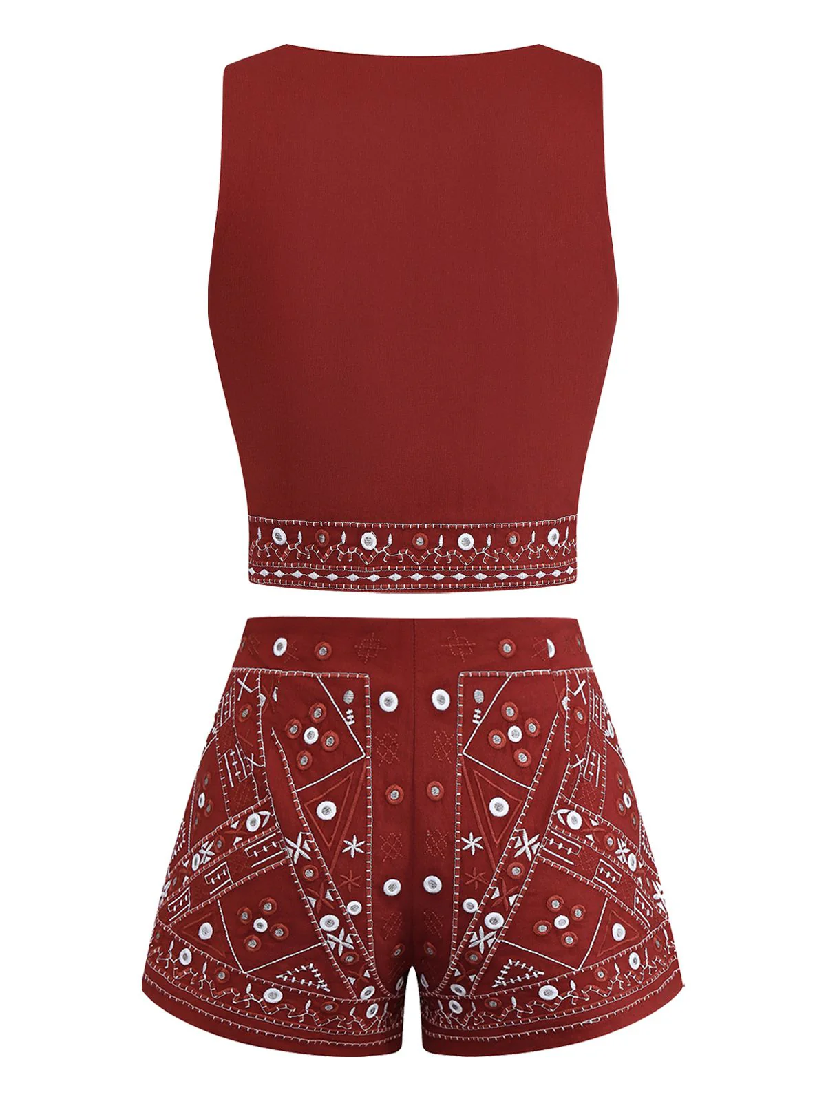 2PCS Dark Red 1970s Embroidered Boho Vest & Shorts - Image 2