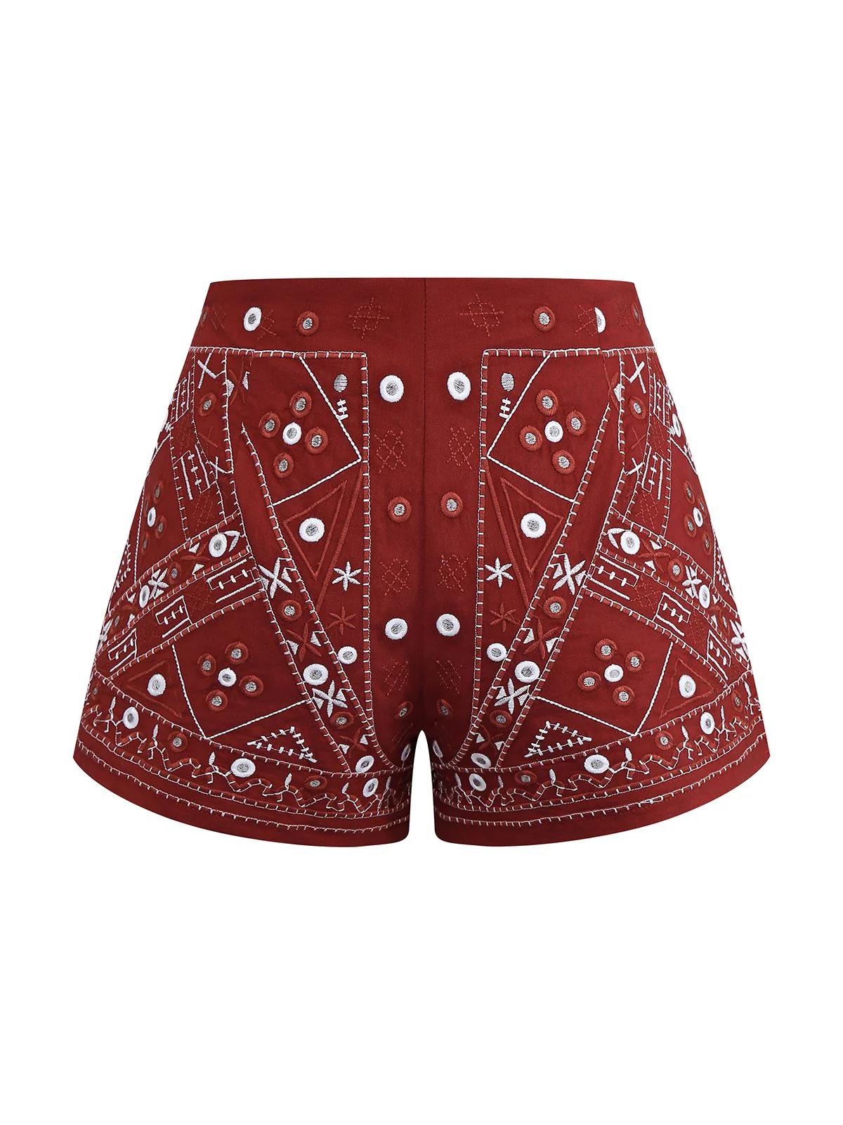 Dark Red 1970s Embroidered Boho Shorts - Image 2