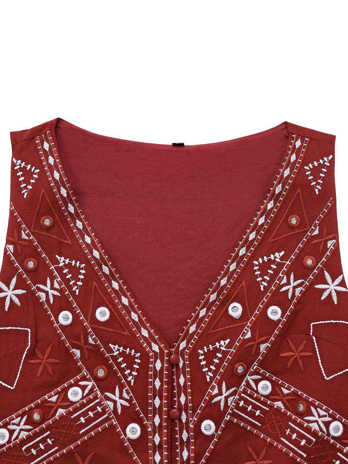 Dark Red 1970s Embroidered Boho Vest - Image 3