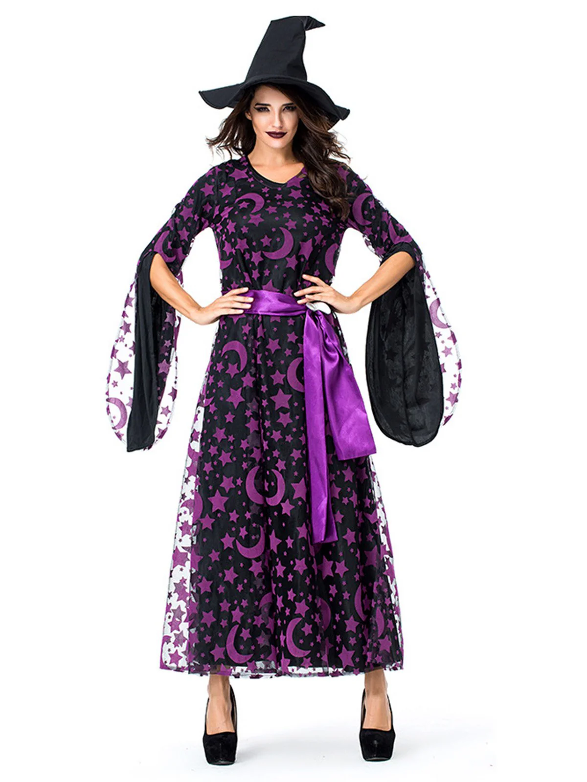 Deep Purple 1930s Star & Moon Batwing Sleeve Witch Dress Set - Image 2