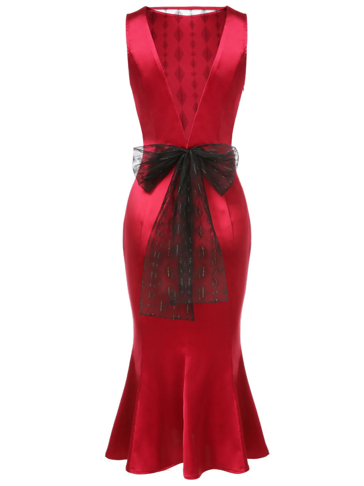 Deep Red 1930s Solid Bow Decor Fishtail Dress - Image 4