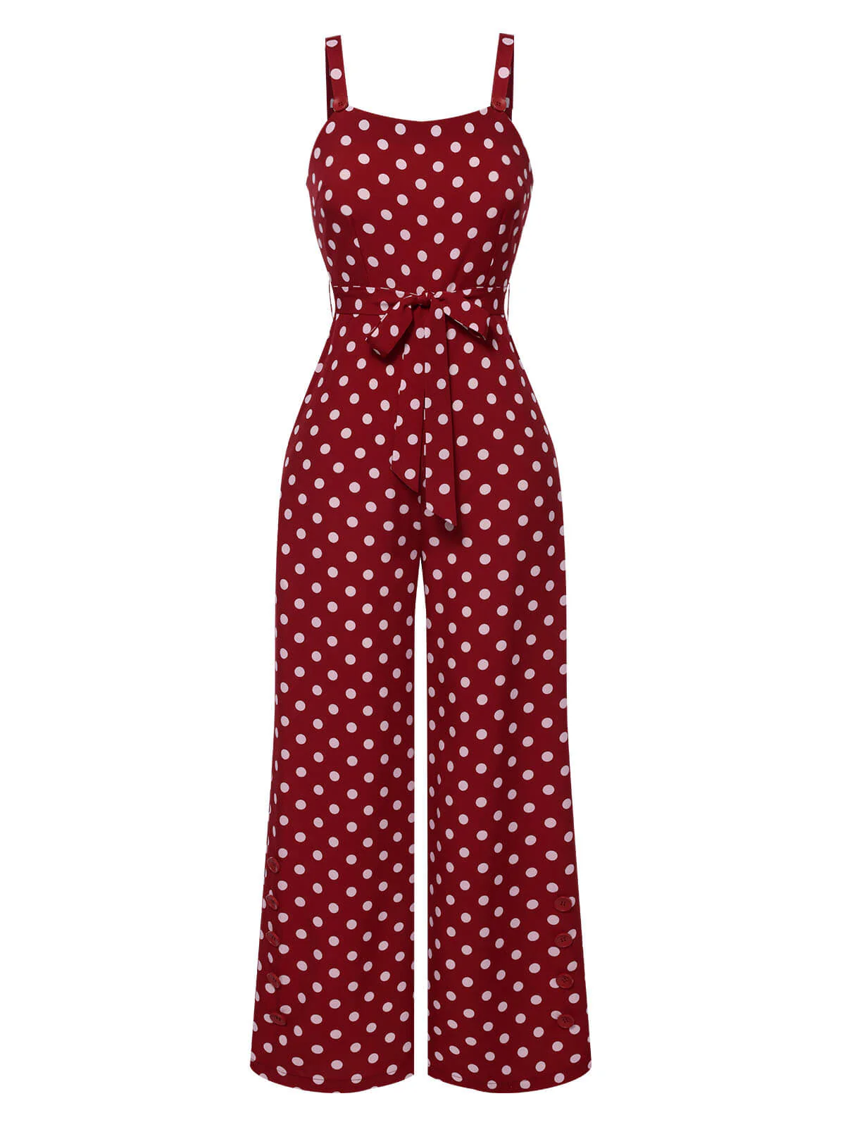 Deep Red 1940s Polka Dot Straps Jumpsuit - Image 2