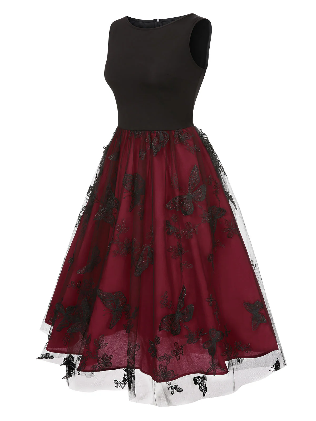 Deep Red 1950s Mesh Butterflies Sleeveless Dress - Image 2