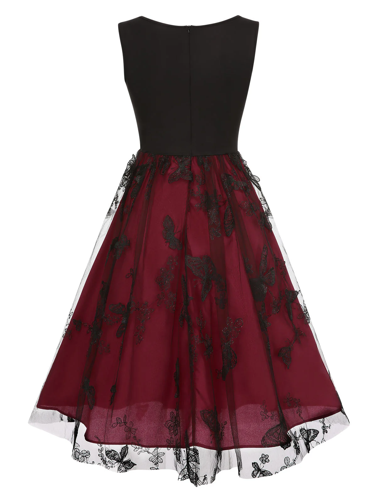 Deep Red 1950s Mesh Butterflies Sleeveless Dress - Image 3