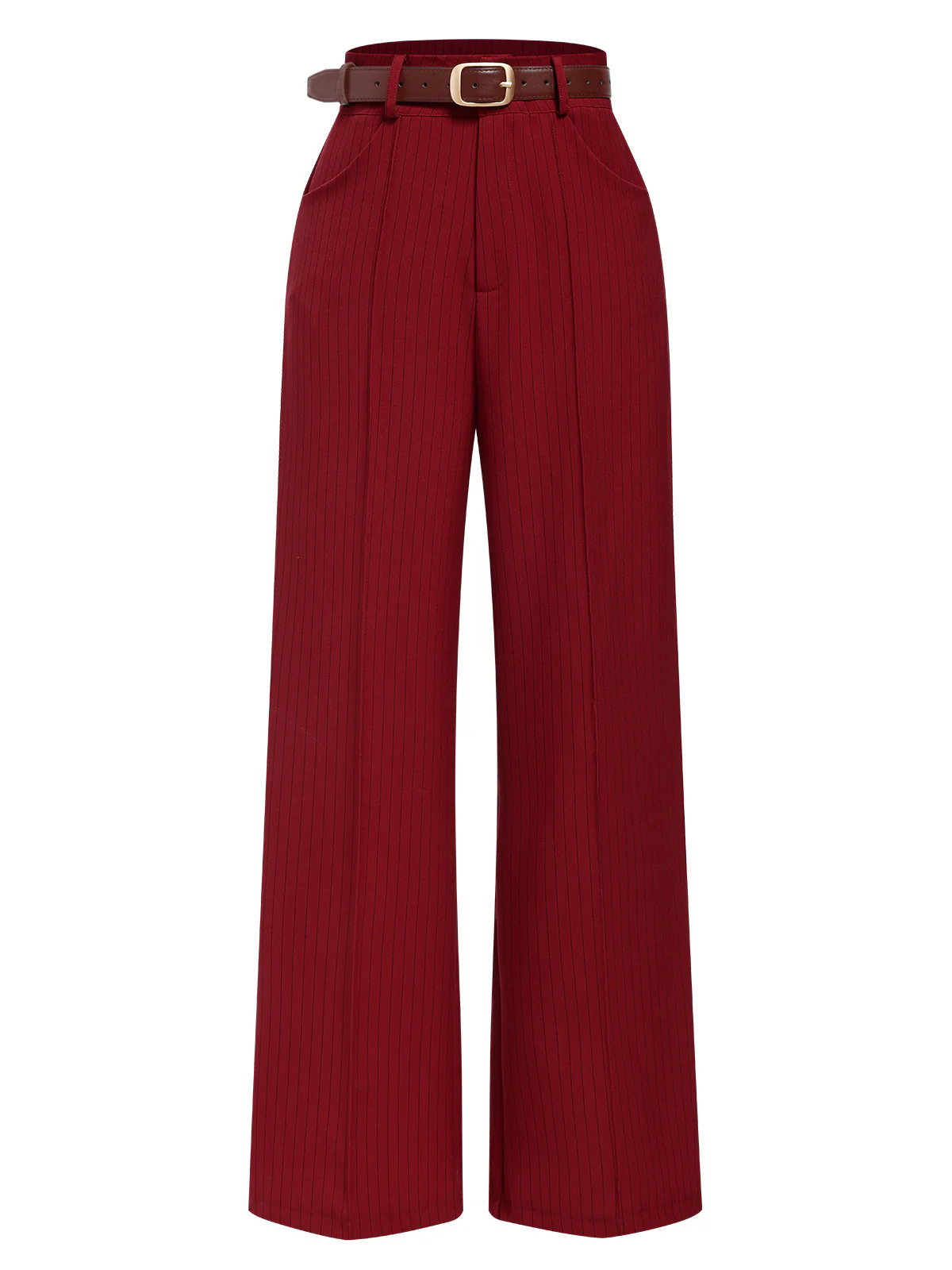 Deep Red 1950s Stripes Wide Leg Belted Pants - Image 2