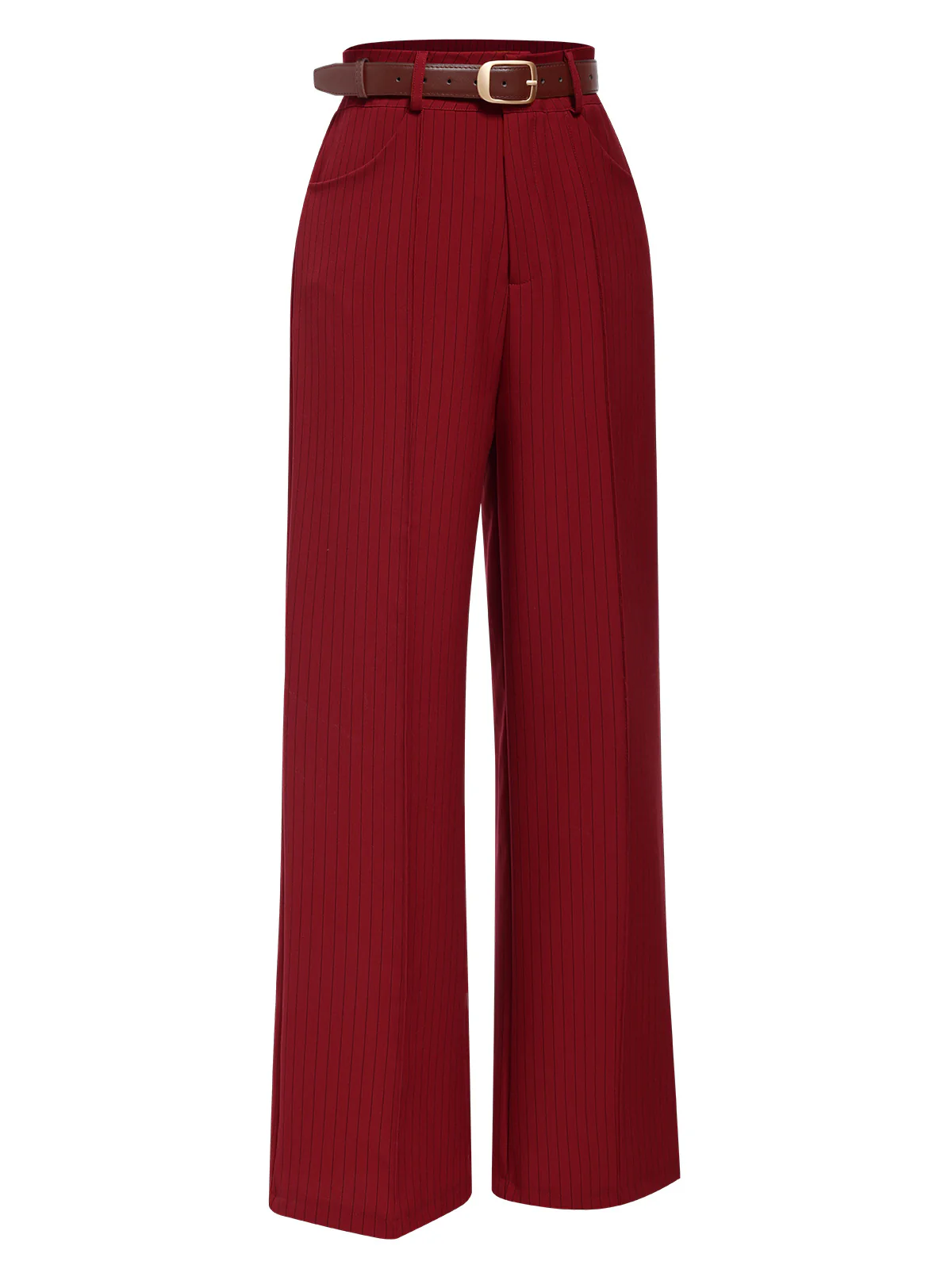 Deep Red 1950s Stripes Wide Leg Belted Pants - Image 5