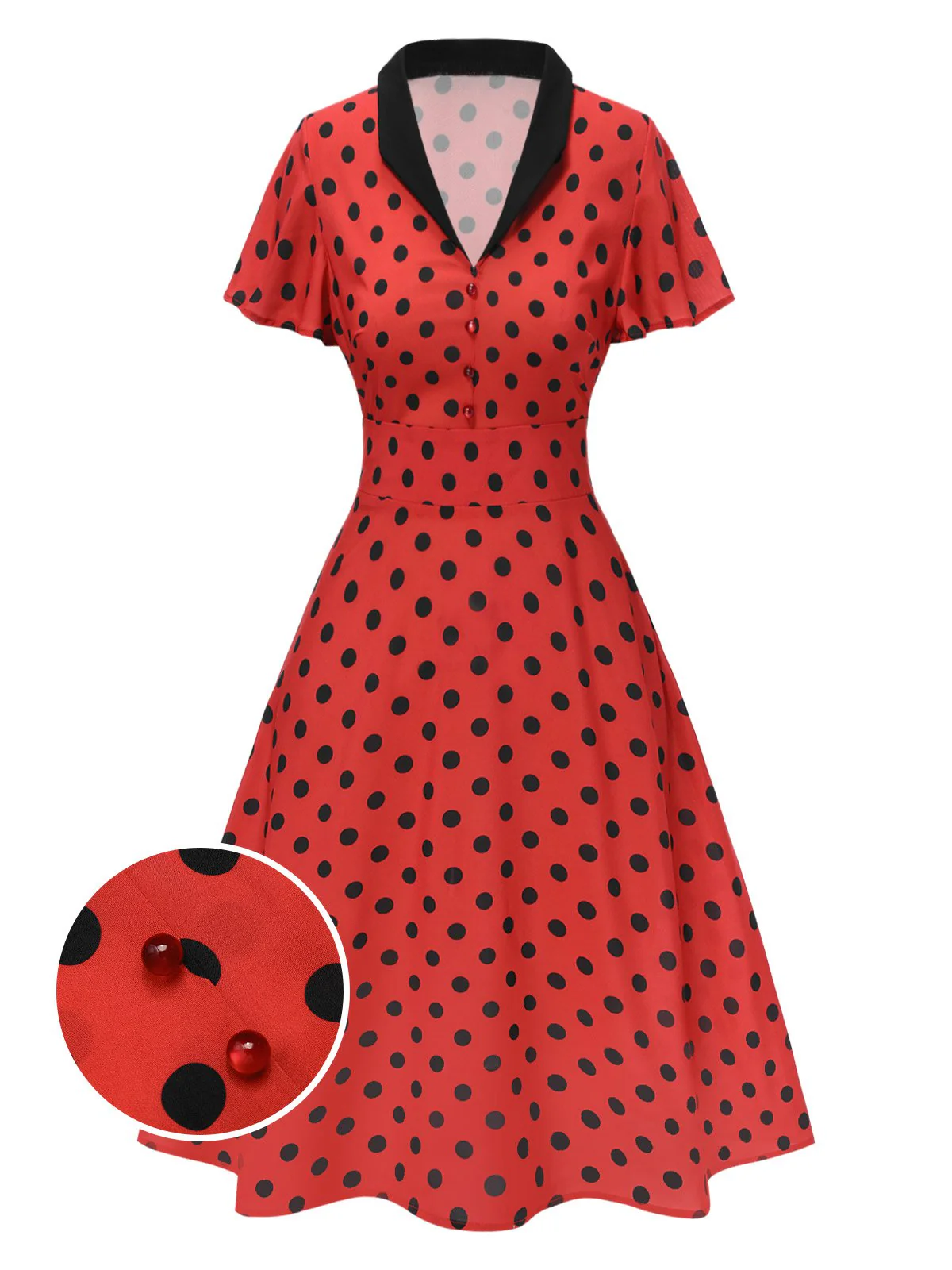 Deep Red 1950s V-Neck Polka Dots Lapel Dress - Image 2