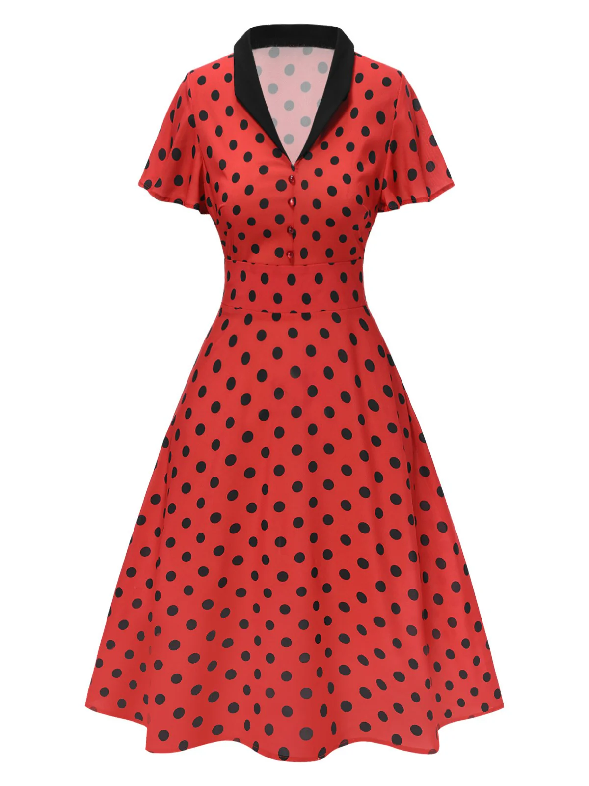 Deep Red 1950s V-Neck Polka Dots Lapel Dress - Image 3